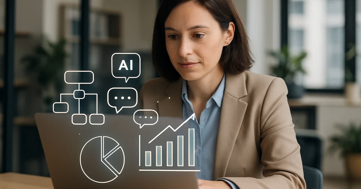 Business professional using laptop with AI interface icons floating above screen in modern office setting