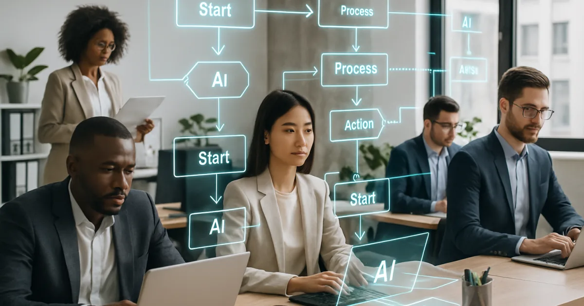 Businesswoman reviewing AI analytics dashboard showing automated workflow efficiency gains and time savings