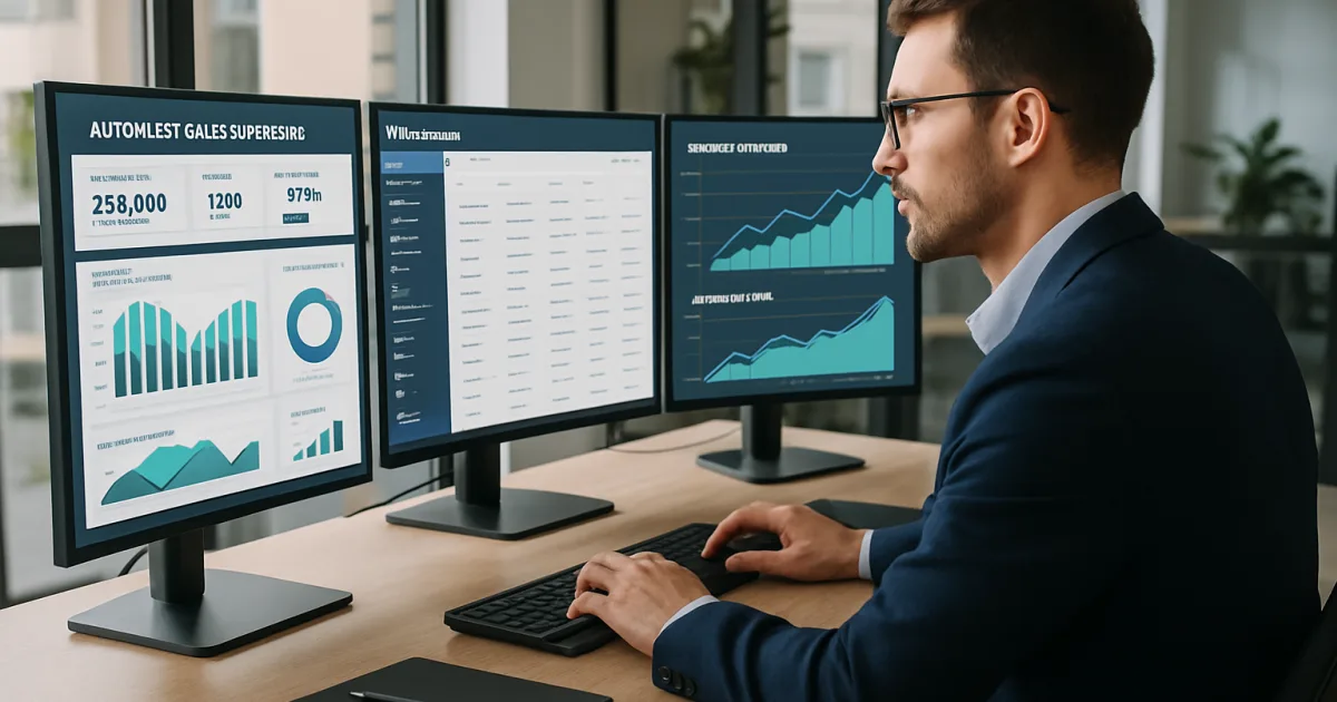 Professional businesswoman using automated sales dashboard on laptop with time-saving charts and revenue graphs