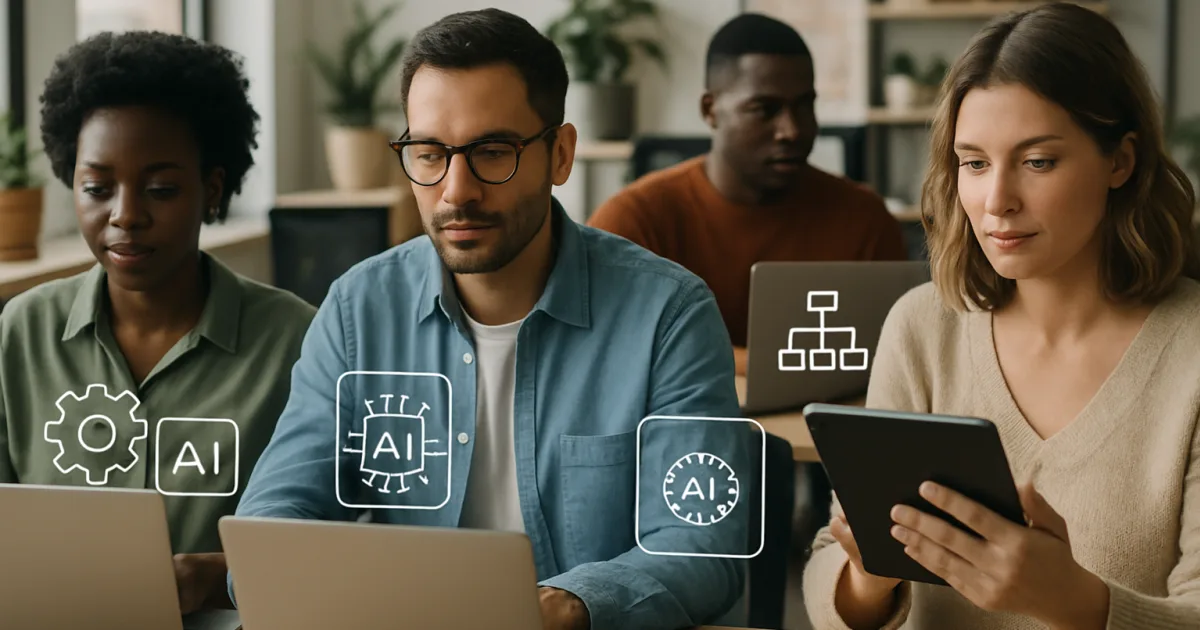 Small business owner using laptop with AI dashboard interface, surrounded by automated workflow icons and digital tools