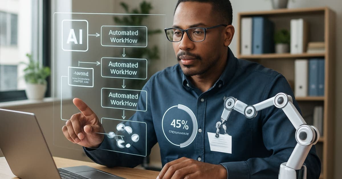 Business professional using AI dashboard on laptop with digital clock and productivity charts in modern office