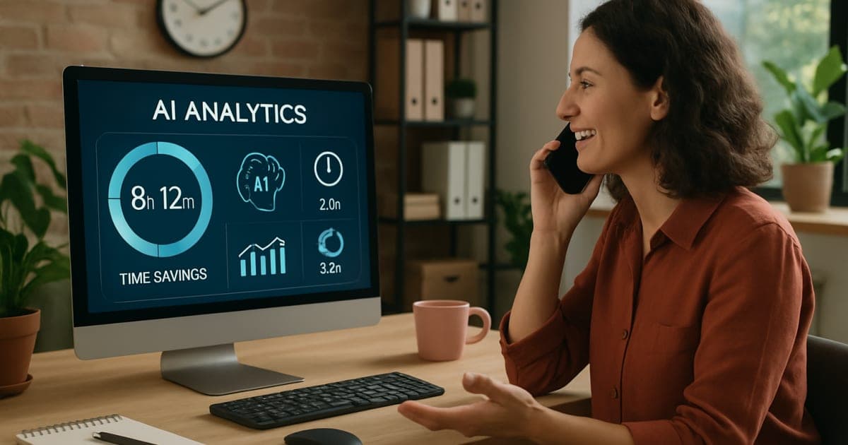 Business professional pointing at digital dashboard displaying AI automation tools and time savings metrics