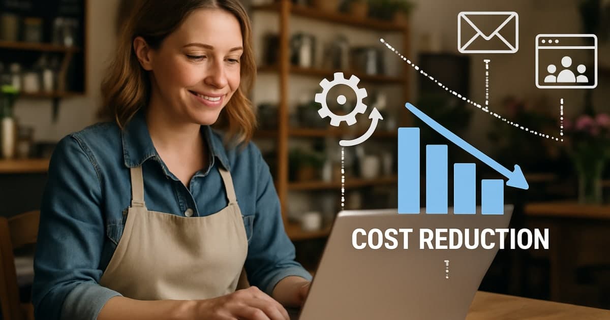 Small business owner reviewing marketing automation dashboard on laptop showing cost savings charts and workflow diagrams