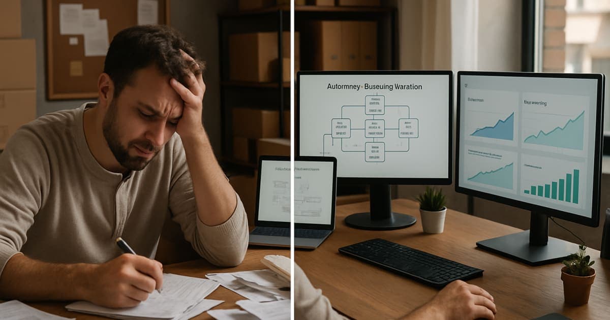 Small business owner at desk with laptop displaying automated marketing dashboard and clock, symbolizing time savings