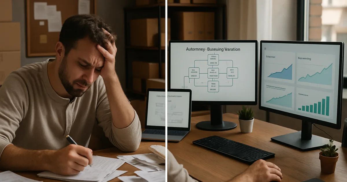 Small business owner at desk with laptop displaying automated marketing dashboard and clock, symbolizing time savings