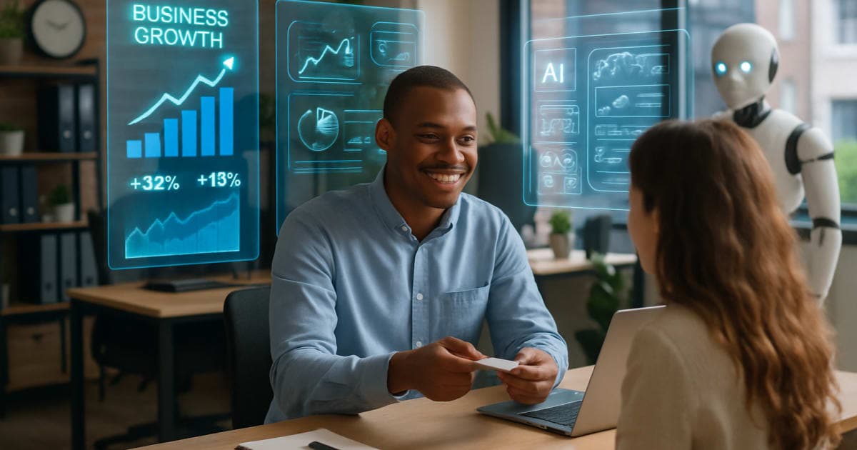 Business professional using AI dashboard on laptop with automated workflow graphics and growth charts displayed on screen