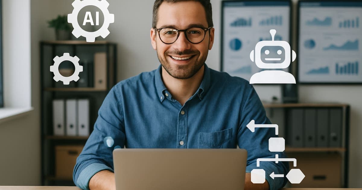 Small business owner using laptop with AI automation dashboard, surrounded by organized office space and productivity tools