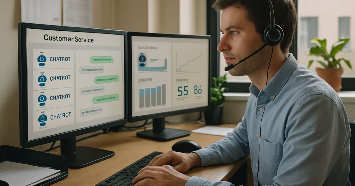 Modern office workspace showing customer service dashboard with cost reduction analytics and automated chatbot interface on multiple computer screens