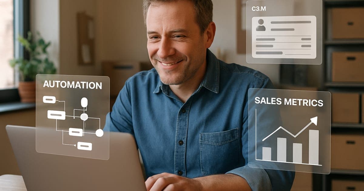 Small business owner using laptop with sales automation dashboard displaying customer data and workflow charts