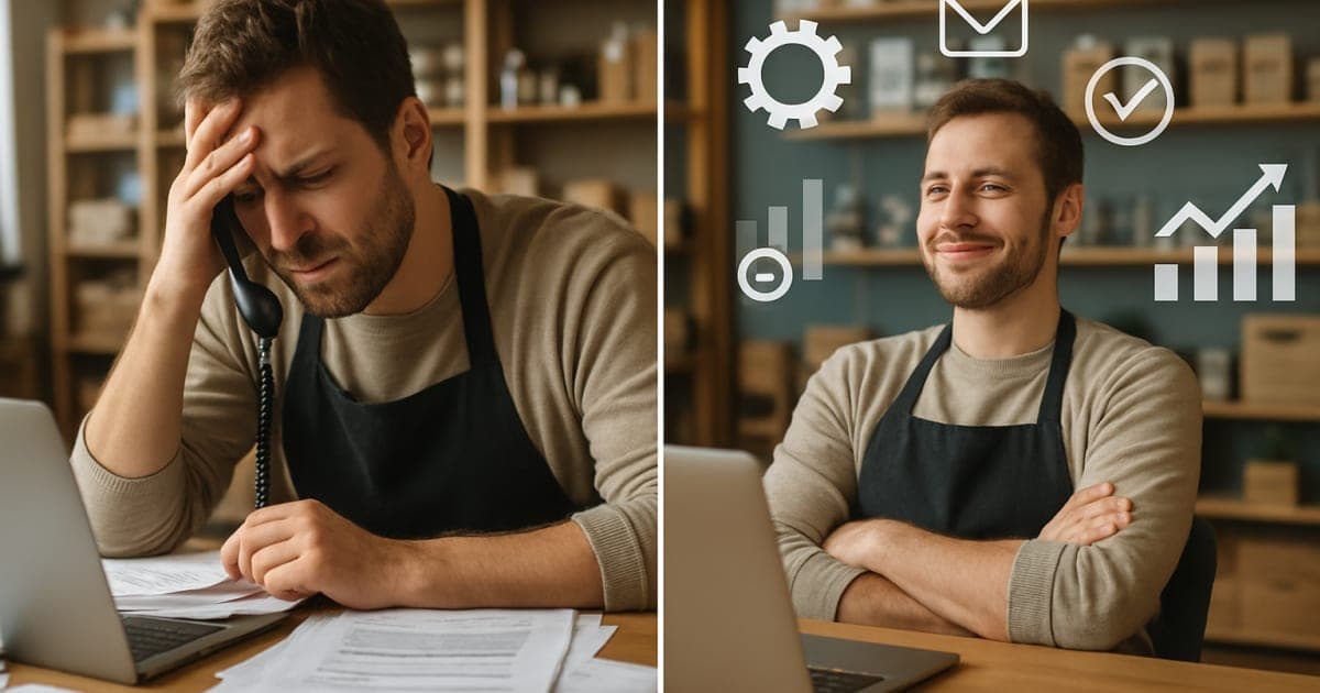Business professional using laptop and smartphone to automate workflows, with efficiency charts on desk