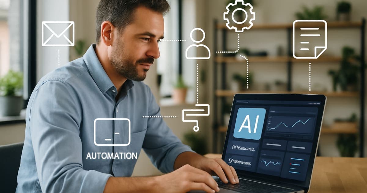 Small business owner using laptop with AI dashboard interface, surrounded by automated workflow icons and charts