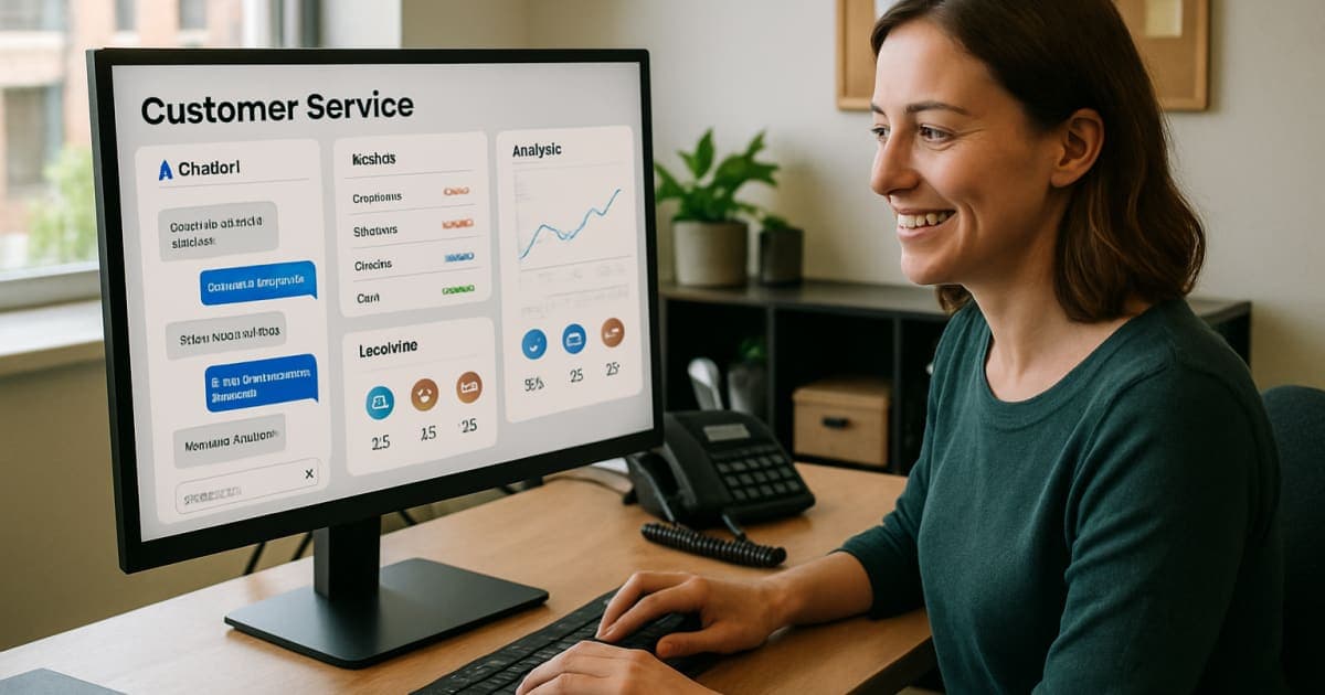 Modern office workspace showing customer service agent using AI chatbot interface on computer screen with analytics