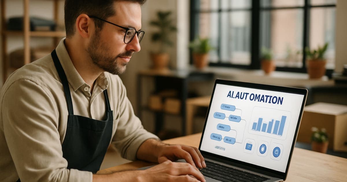 Small business owner using laptop with AI automation dashboard, streamlining operations without technical staff