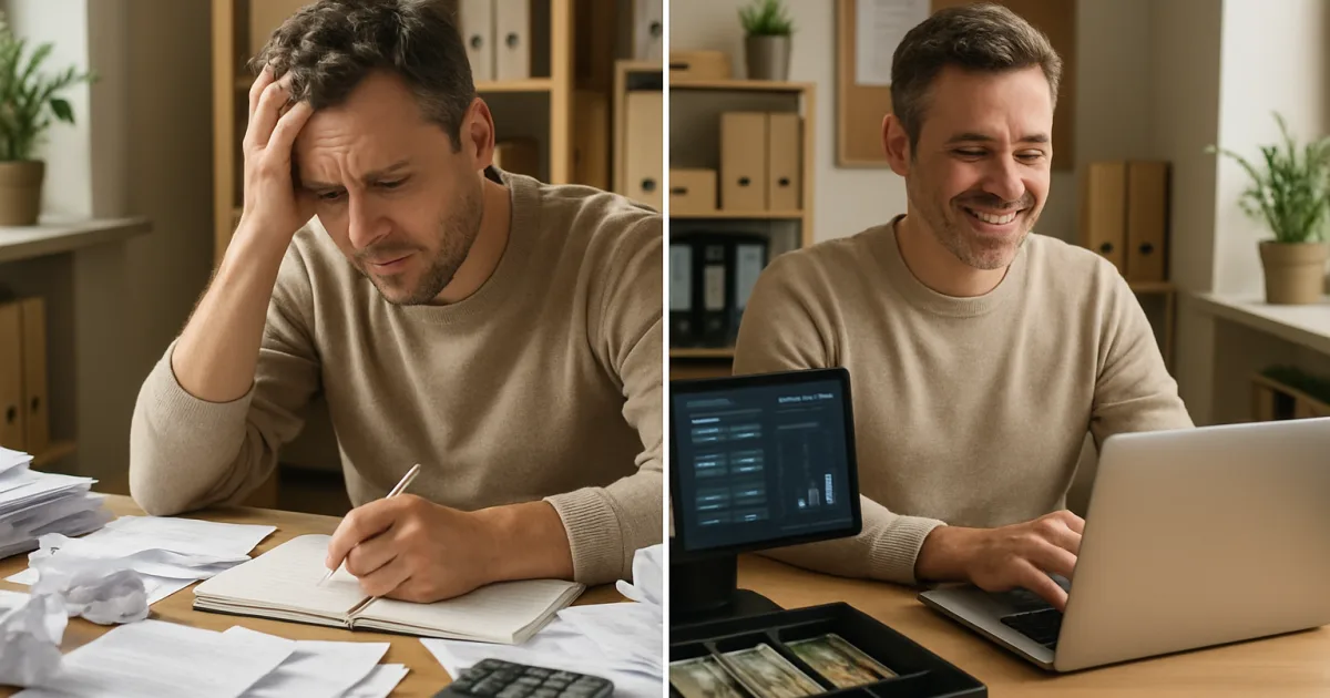 Small business owner using laptop and smartphone with digital productivity tools on organized desk