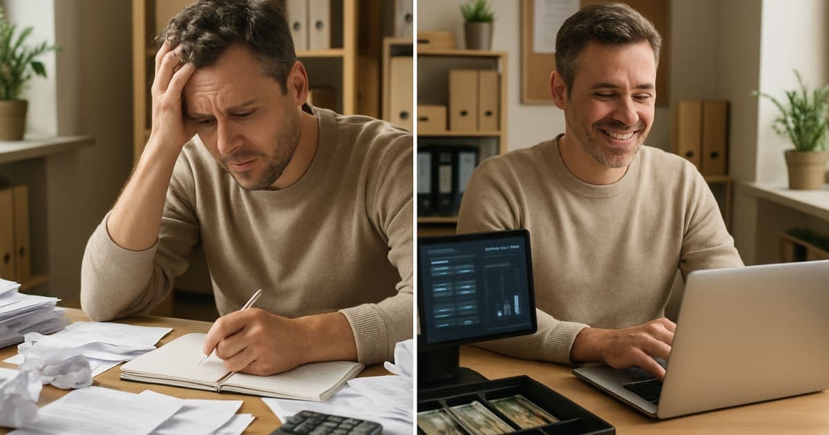 Small business owner using laptop and smartphone with digital productivity tools on organized desk