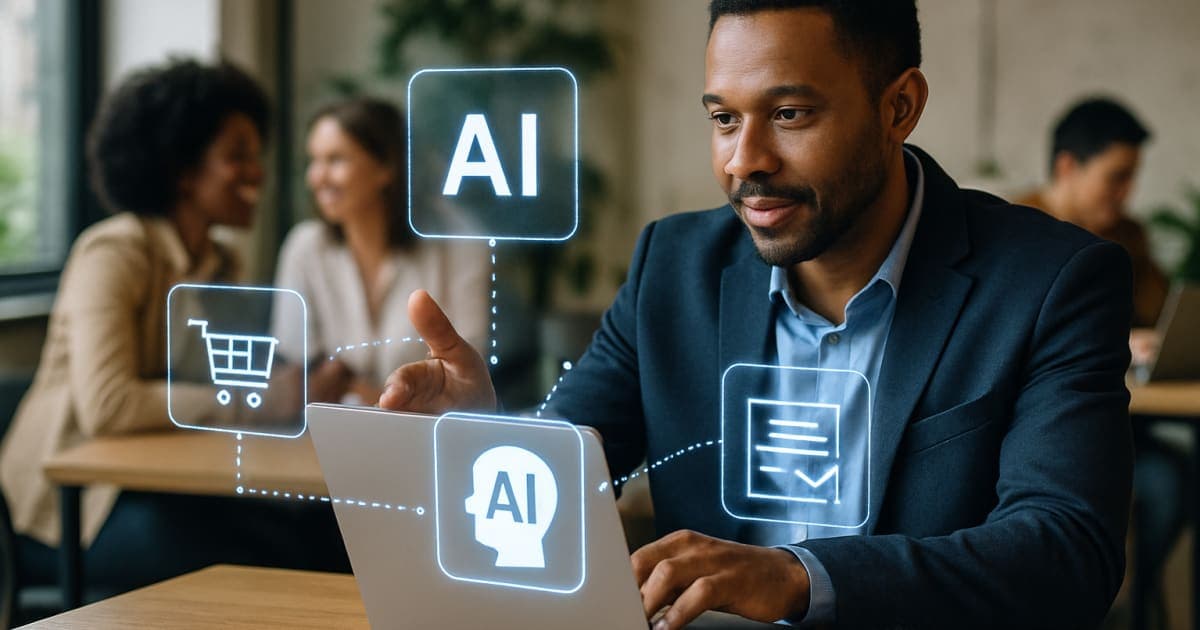 Professional businesspeople collaborating with AI-powered digital interfaces and virtual assistant technology in modern office