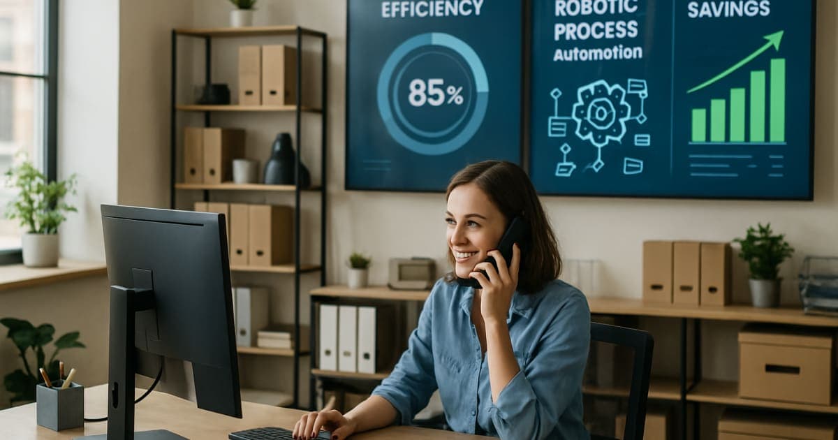 Small business owner using laptop with digital automation icons and workflow charts displayed on screen