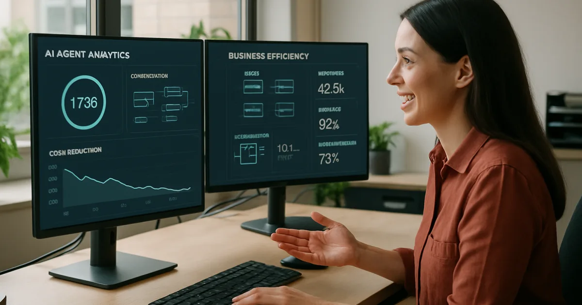 Business professionals analyzing AI automation dashboard showing cost reduction graphs and robotic process workflows on multiple monitors