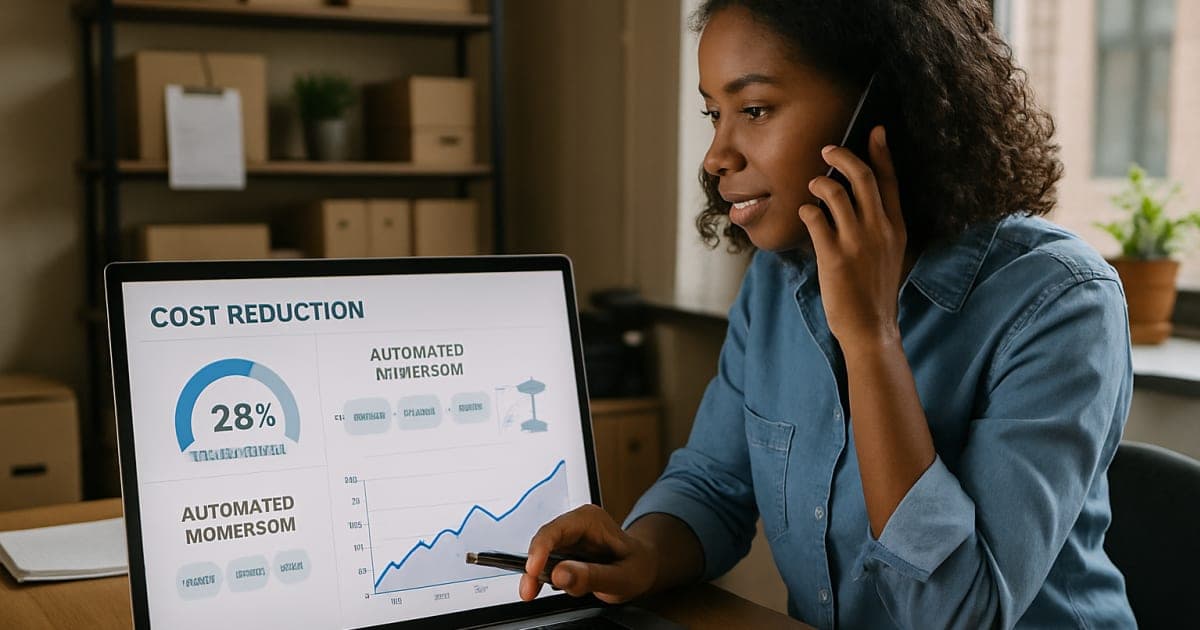 Professional businesswoman analyzing sales automation dashboard on laptop showing cost reduction charts and efficiency metrics