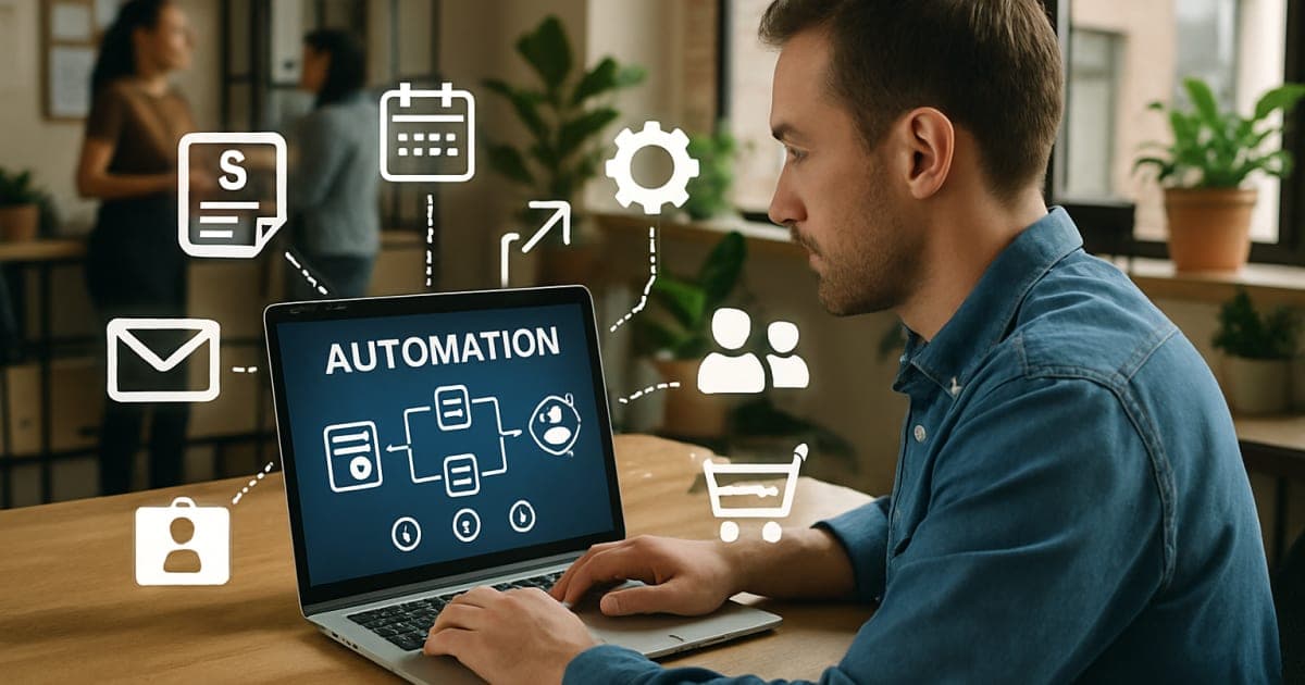 Small business team collaborating around laptop with workflow diagrams and automation tools on screen