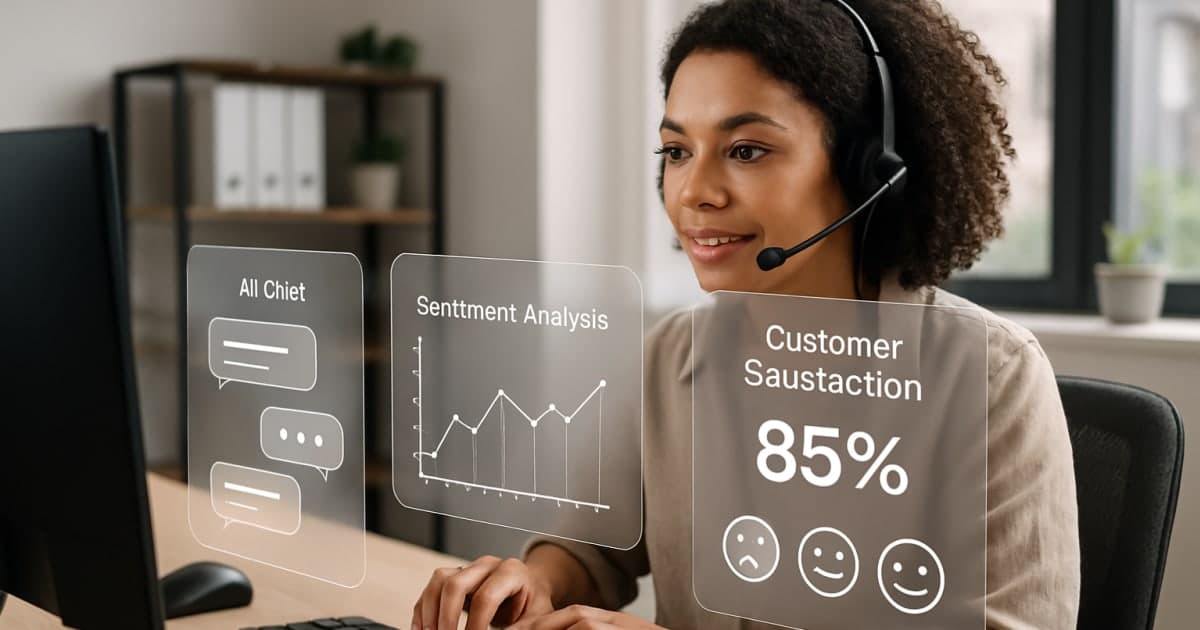 Business professional interacting with AI chatbot interface on computer screen while customer service metrics display on dashboard