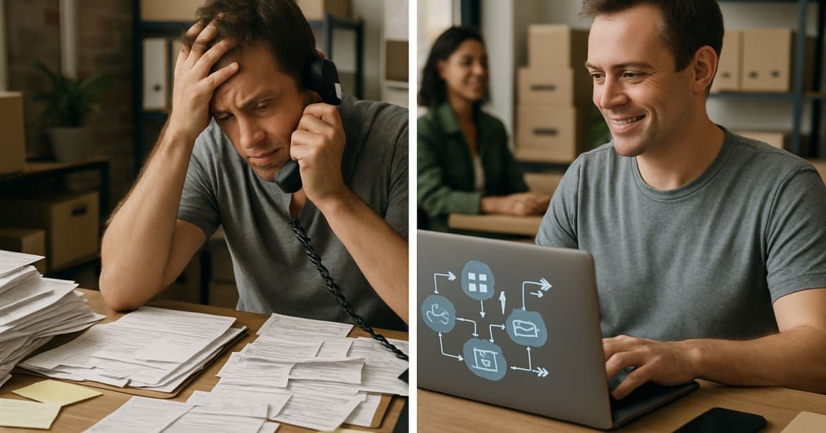 Professional businessperson using laptop with automated sales dashboard and digital workflow icons displayed on screen
