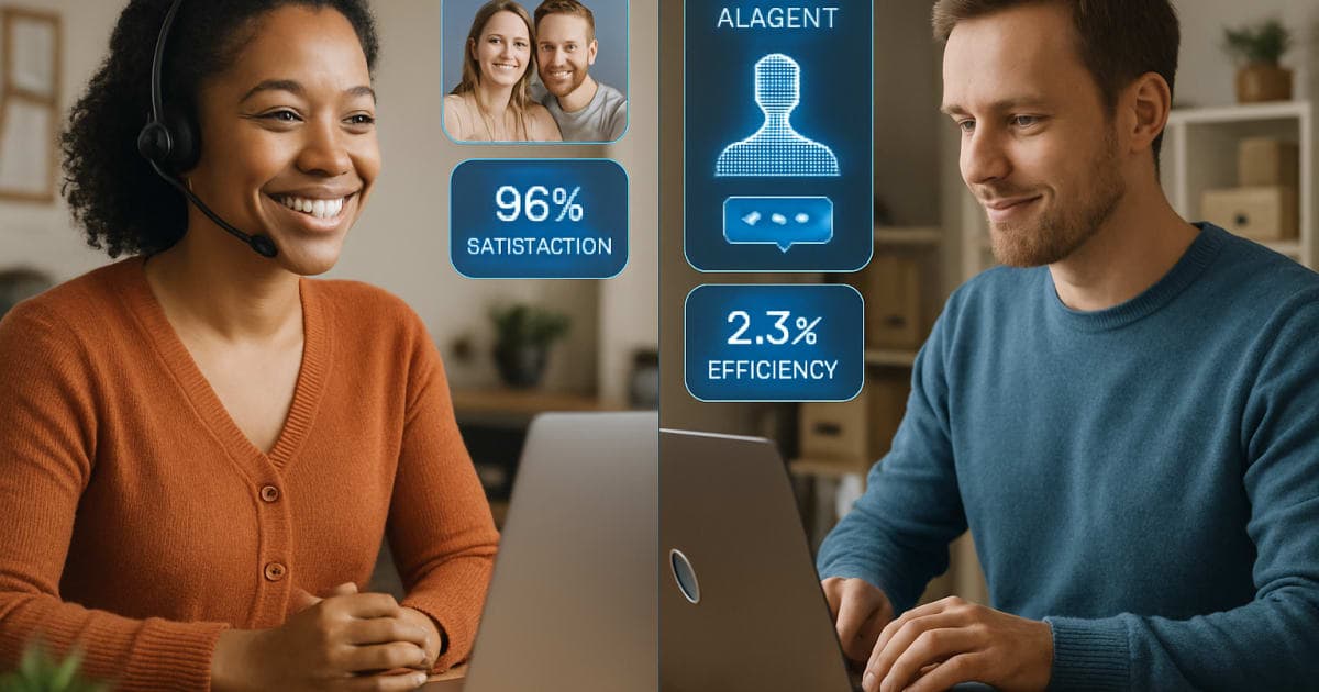 Professional customer service representative using AI-powered dashboard to assist clients in modern office