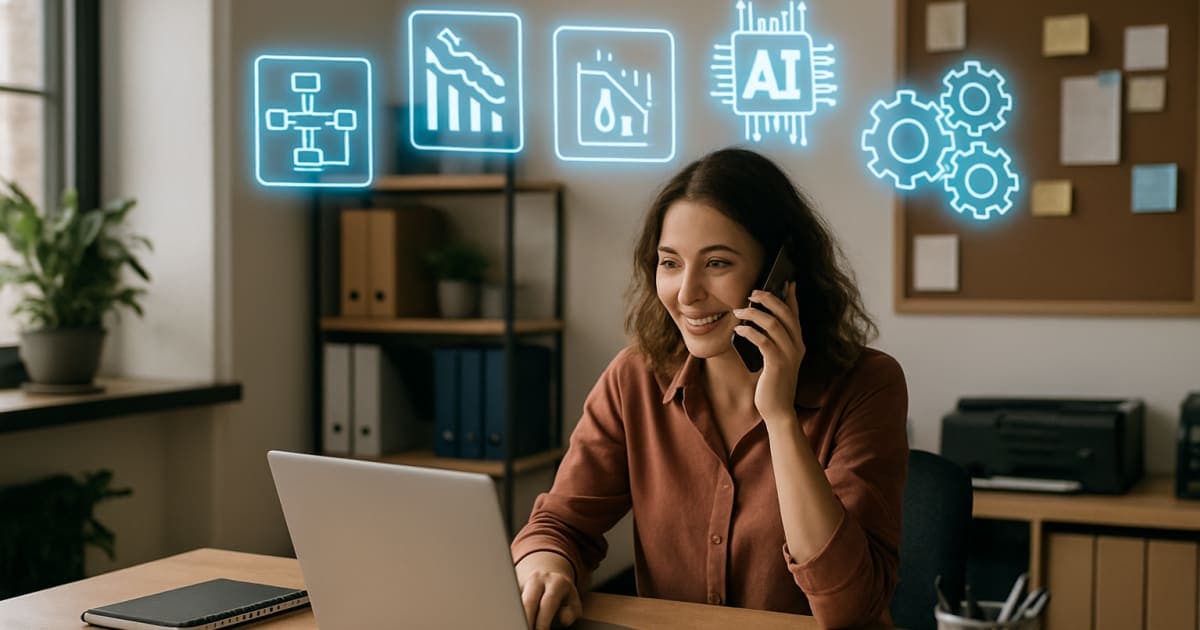 Small business owner analyzing cost savings data on laptop with AI automation dashboard and graphs showing efficiency improvements