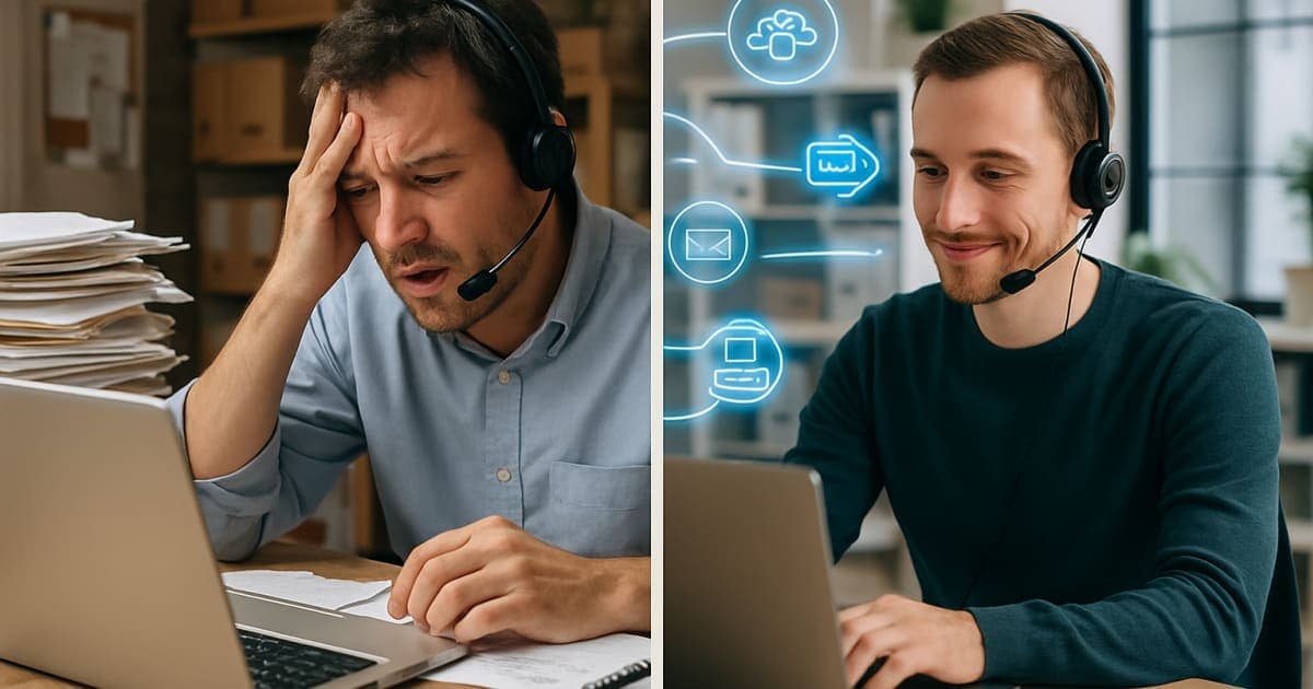 Customer service team collaborating efficiently while automated chatbot handles routine inquiries on screens