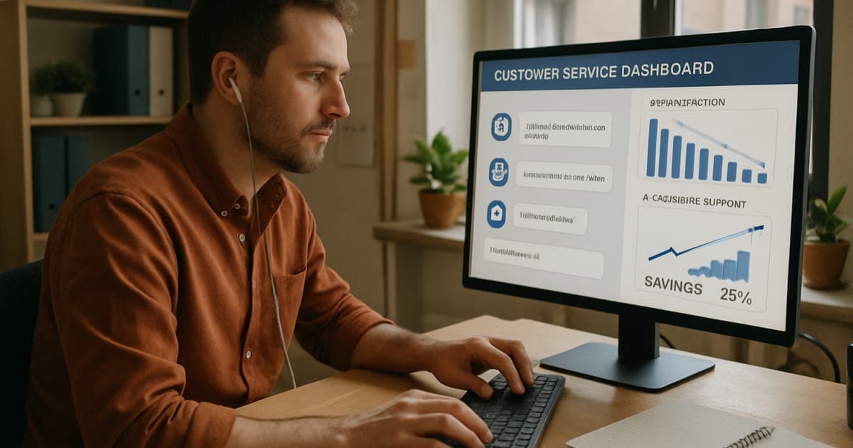 Modern office workspace showing customer service dashboard with automated chatbot interface and cost reduction analytics on computer screens