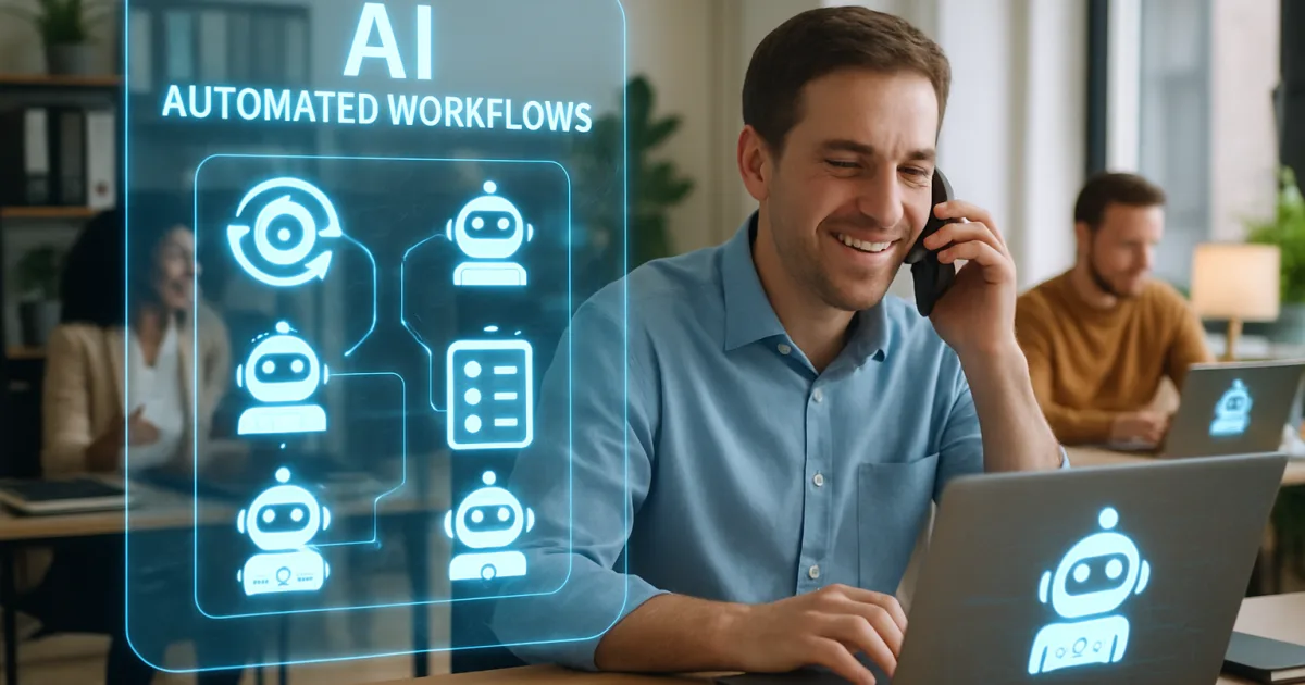 Professional businesswoman analyzing digital dashboard with AI automation charts and robotic icons on computer screen