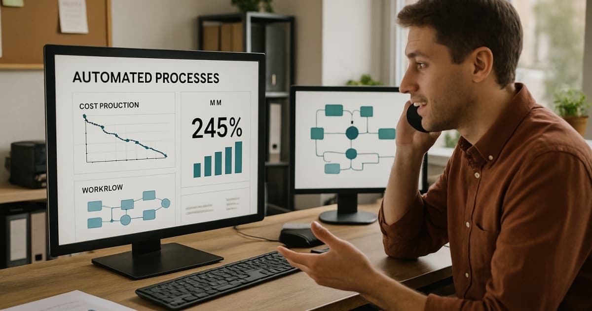 Professional team analyzing automated workflow charts on digital screens showing cost reduction metrics and efficiency gains