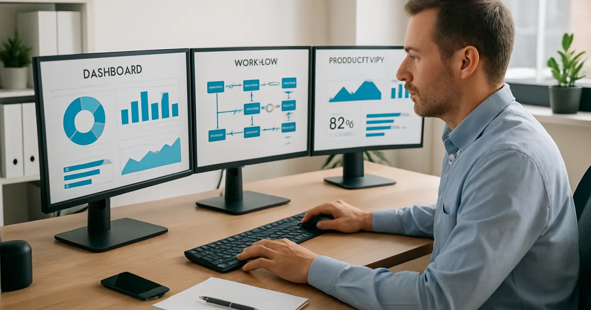 Business professional at organized desk using laptop with automated workflow software, surrounded by neat digital documents and productivity tools