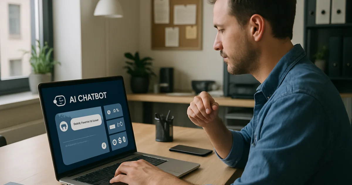 Small business owner using laptop with AI chatbot interface while customer service icons float above screen
