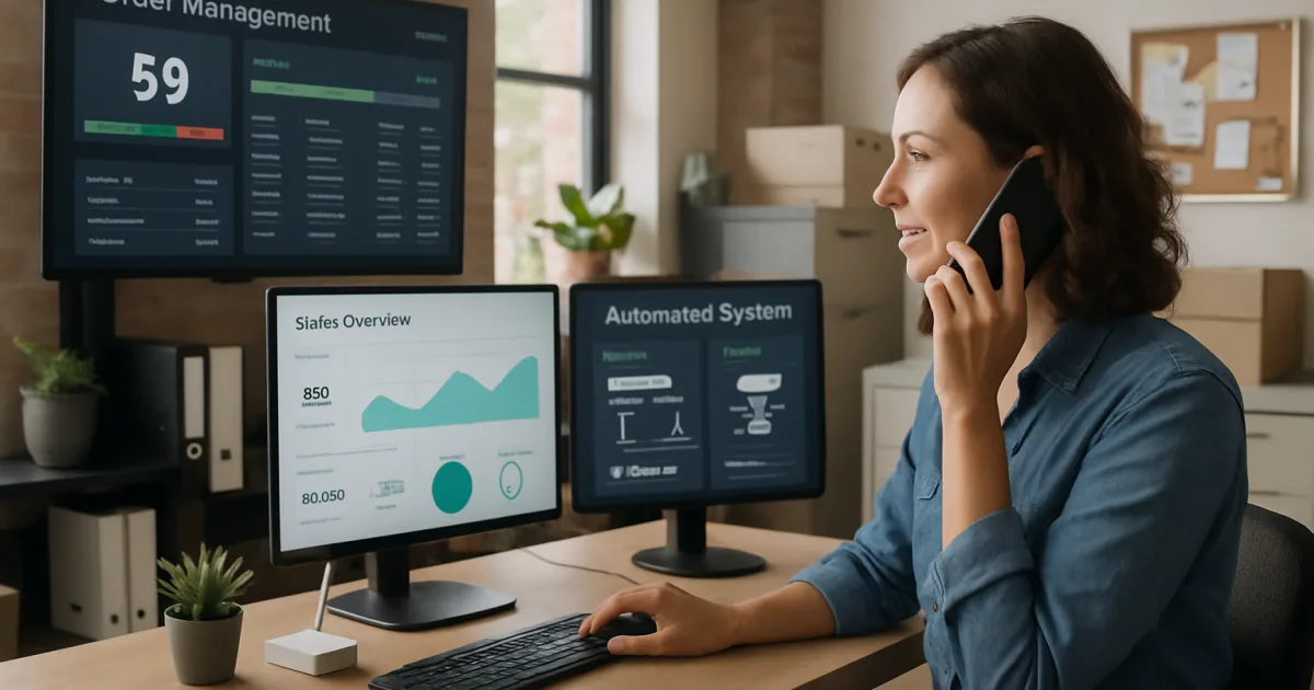 Small business owner analyzing efficiency charts and automation tools on laptop while reviewing workflow processes