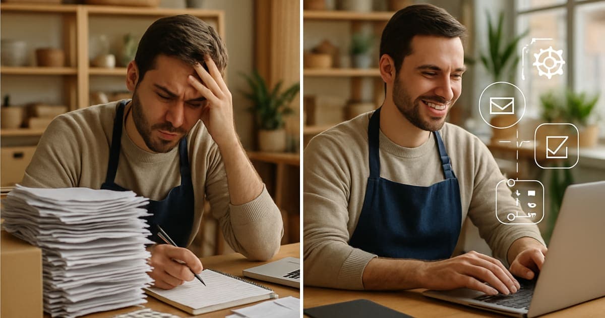 Small business owner at desk surrounded by paperwork, looking at laptop with automation software interface
