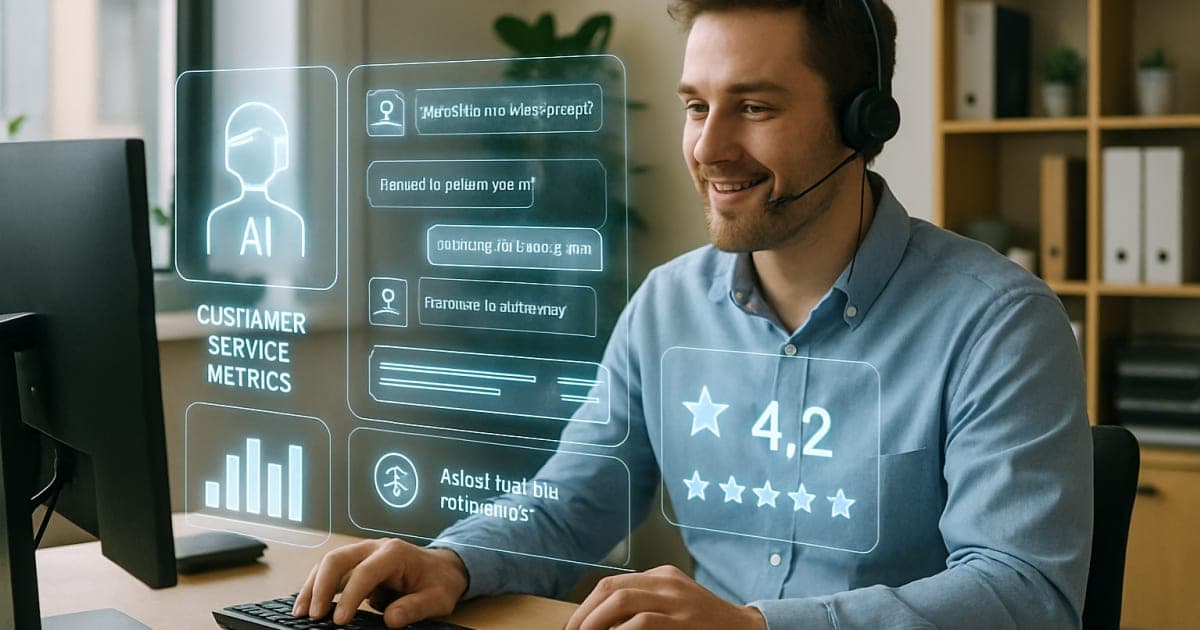 Professional businesswoman interacting with holographic AI interface displaying customer service analytics and chatbot responses