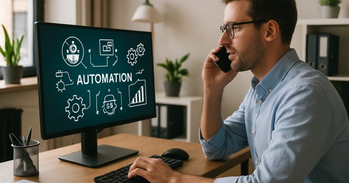 Professional businesswoman at computer dashboard showing automated workflow charts and efficiency metrics