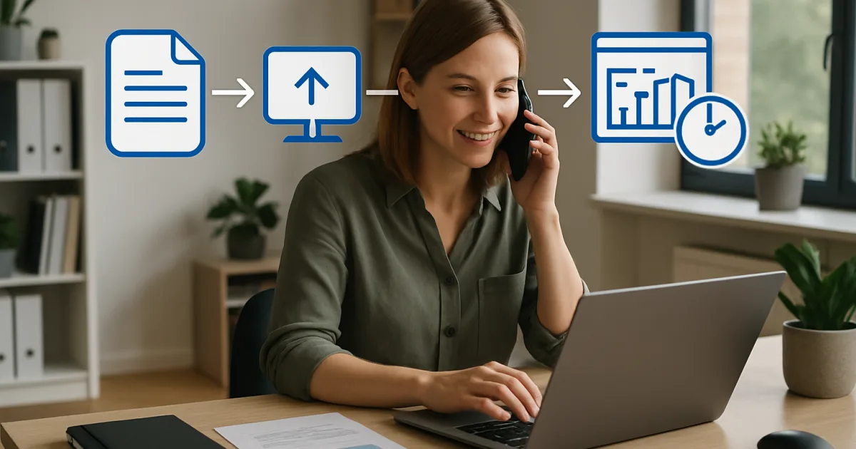 Professional businesswoman analyzing automated workflow charts on multiple computer screens in modern office