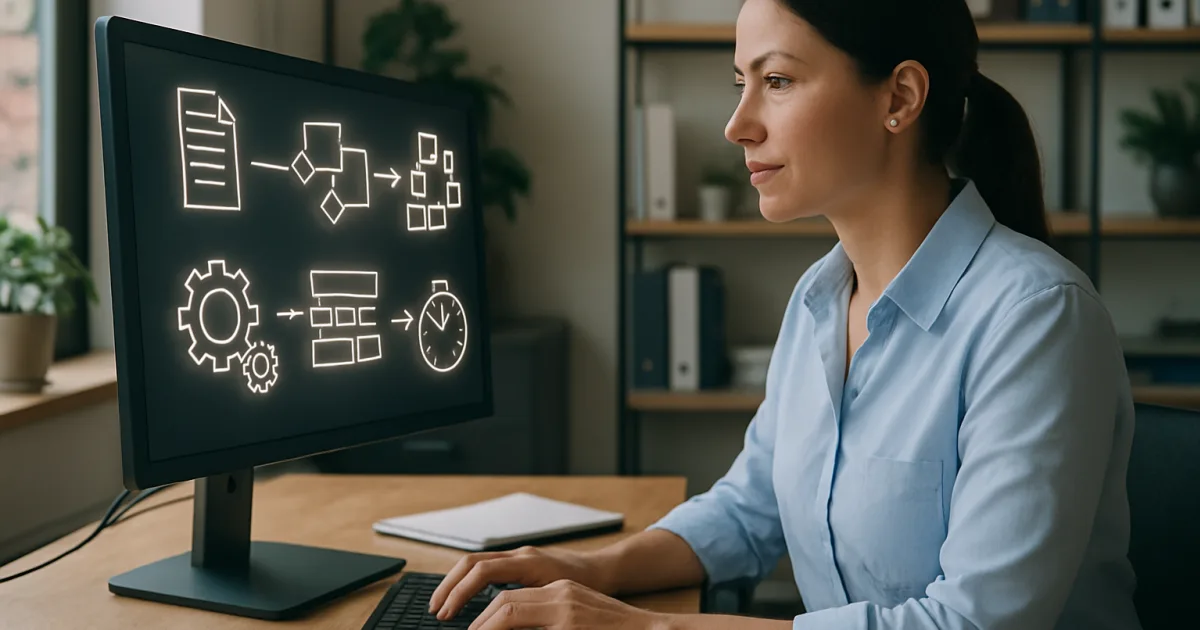 Professional businesswoman working at laptop with automated workflow diagrams and efficiency charts displayed on screen