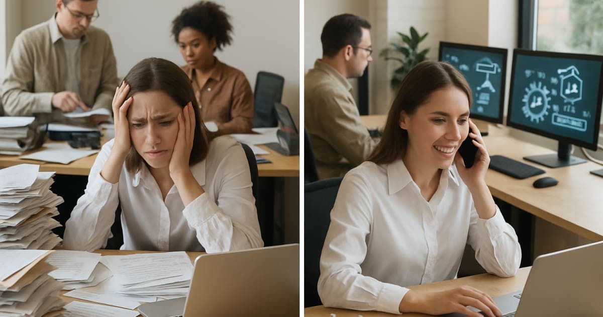 Professional businesspeople collaborating with AI technology displays showing automated workflows and data analytics in a modern office setting