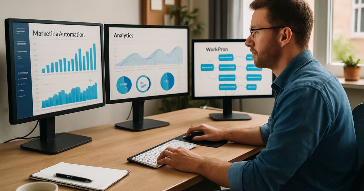 Small business owner using laptop with automation dashboard displaying email campaigns and social media scheduling tools