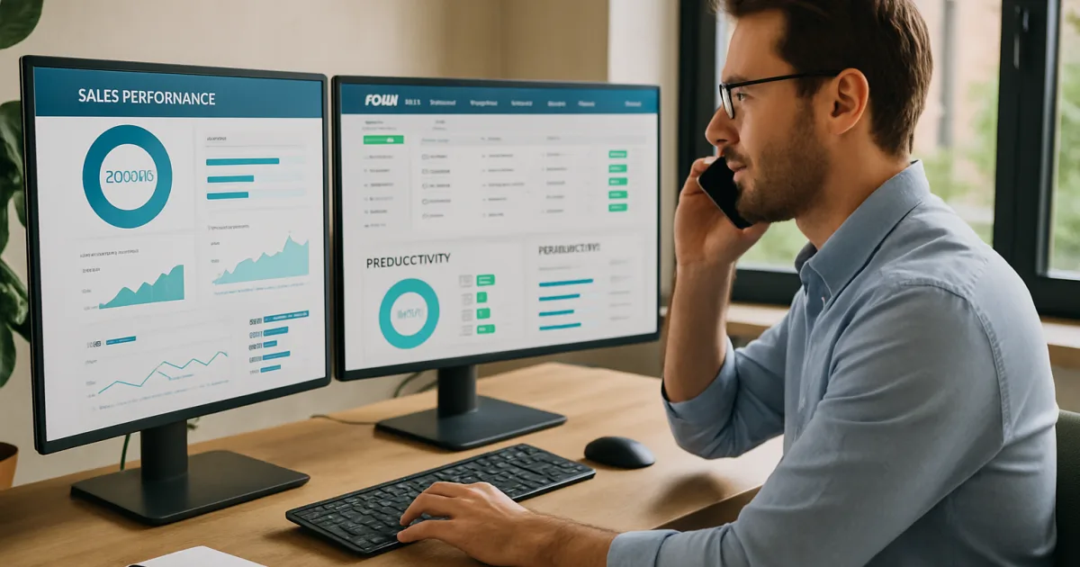 Business professionals reviewing automated sales dashboard on laptop showing time savings and efficiency metrics