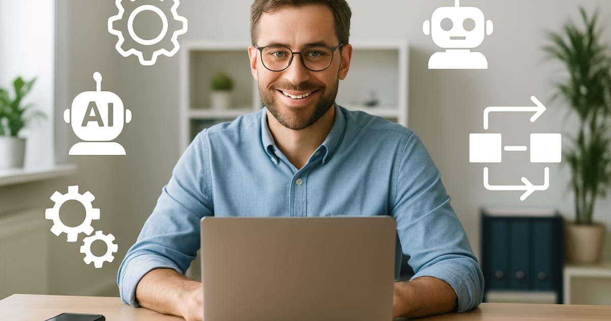 Small business owner using laptop with AI automation dashboard, surrounded by digital workflow icons and productivity charts