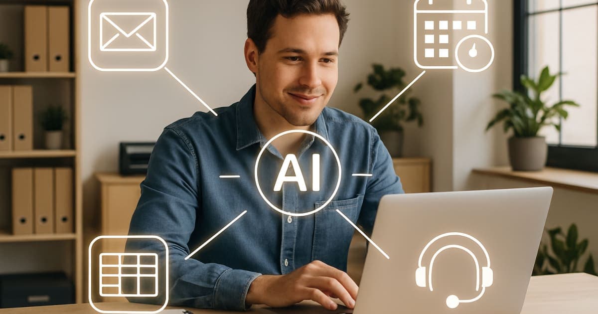 Small business owner at desk using laptop with AI automation dashboard, surrounded by digital icons representing time-saving technology tools