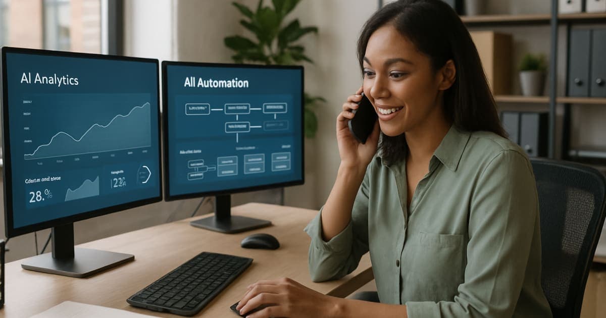 Business professionals analyzing AI automation dashboards on multiple screens showing workflow optimization and efficiency metrics