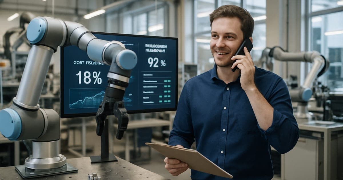 Modern manufacturing facility with robotic automation systems and digital displays showing cost reduction analytics and AI-powered efficiency metrics