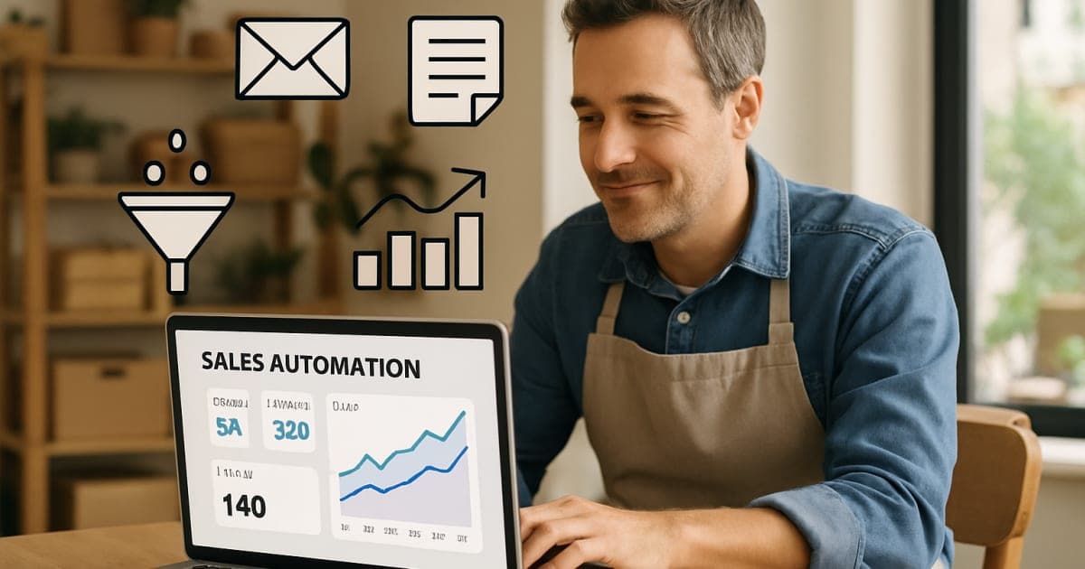 Small business owner using laptop with sales automation dashboard, streamlining processes independently