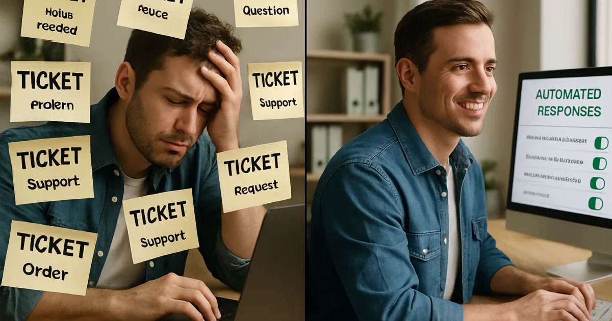 Small business owner using laptop with customer service chatbot interface, showing automated support dashboard