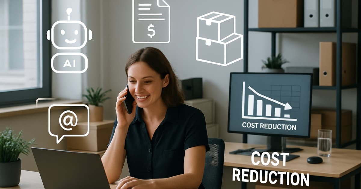 Small business owner analyzing cost reduction charts on laptop with AI automation dashboard displayed on screen